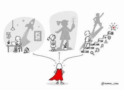 Ilustración de un docente con capa de superhéroe rodeado de estudiantes, representando los superpoderes del docente