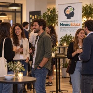 Docentes charlando con una copa en el NeuroCóctel de networking del I Congreso Internacional NeuroEduca, con el premio NeuroEduca sobre una mesa alta